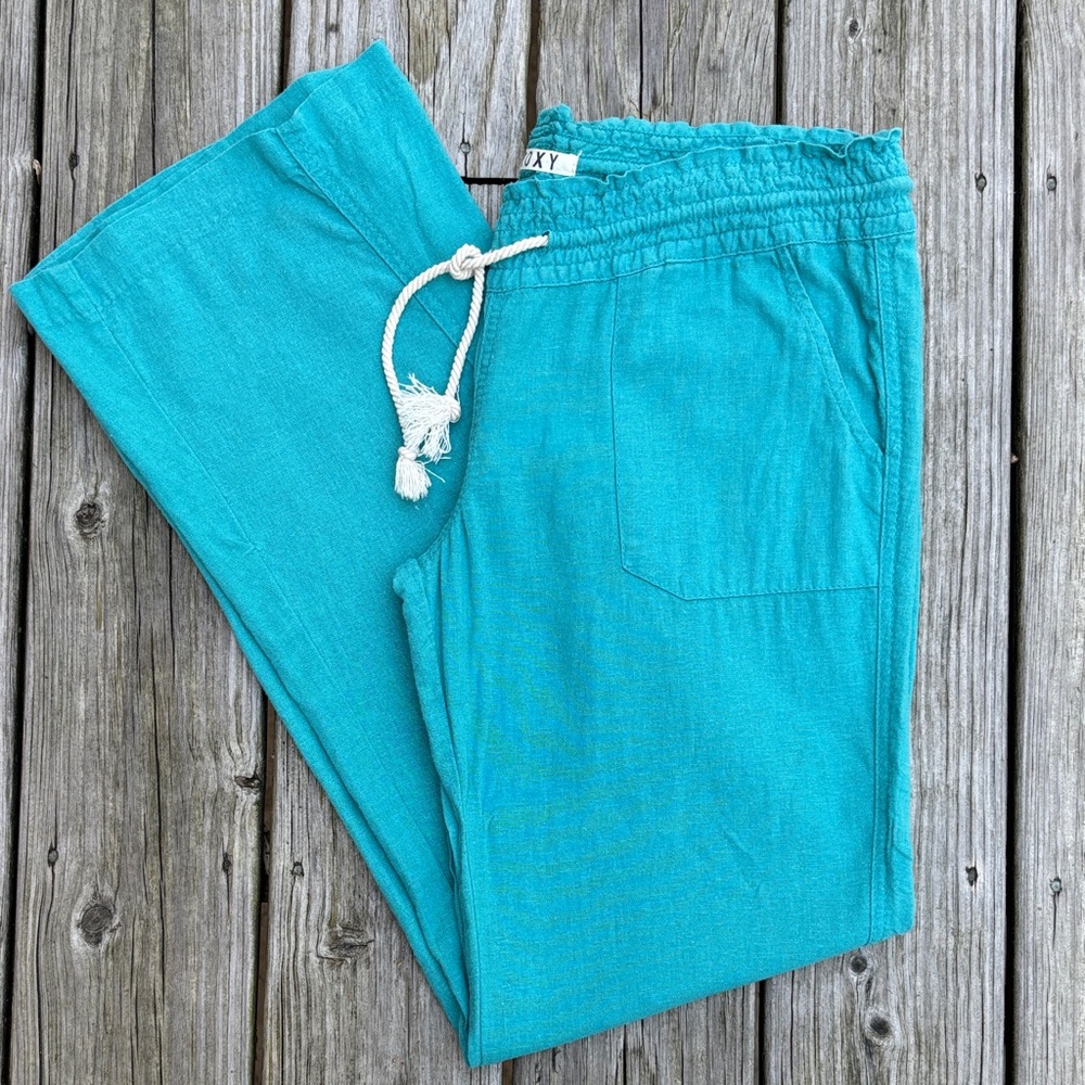 ROXY | Turquoise Linen Blend Beach Coastal Minimalist Boho Surf Pants | Size XL